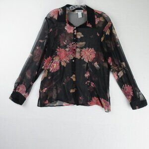 Robbie Bee Sheer Black Silk Button Down Shirt Size 10 Pink Flowers